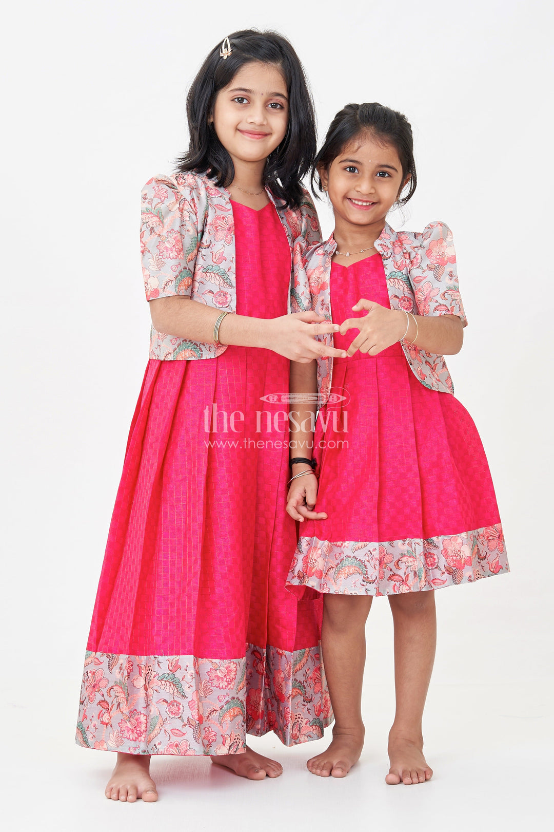 Girls Silk Cotton Gown with Pleated Design and Floral Chanderi Overcoat in silk gown party wear Style