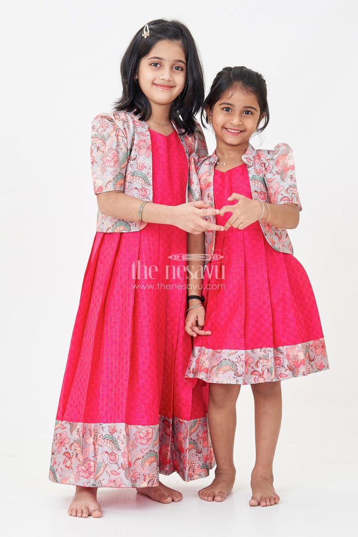 Girls Silk Cotton Gown with Pleated Design and Floral Chanderi Overcoat in silk gown party wear Style