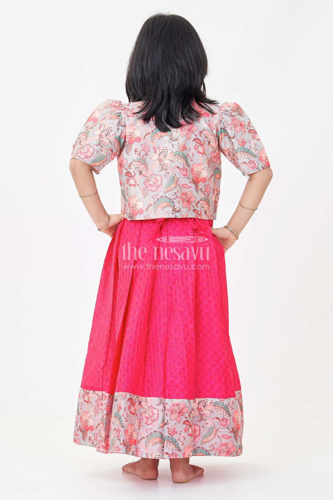 Girls Silk Cotton Gown with Pleated Design and Floral Chanderi Overcoat in silk gown party wear Style