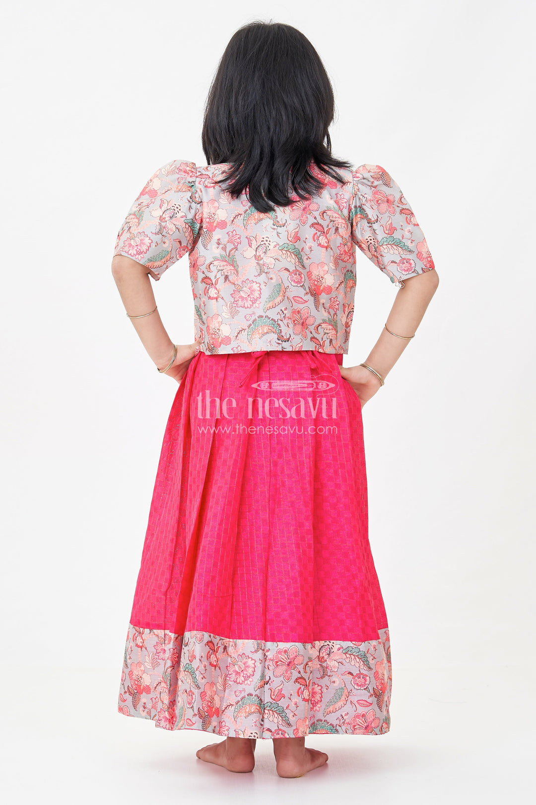 Girls Silk Cotton Gown with Pleated Design and Floral Chanderi Overcoat in silk gown party wear Style