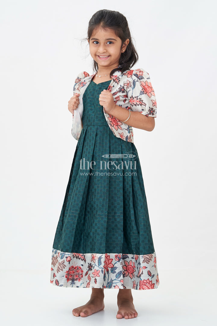 Girls Silk Cotton Anarkali Gown with Floral Border and Overcoat in green anarkali gown Style
