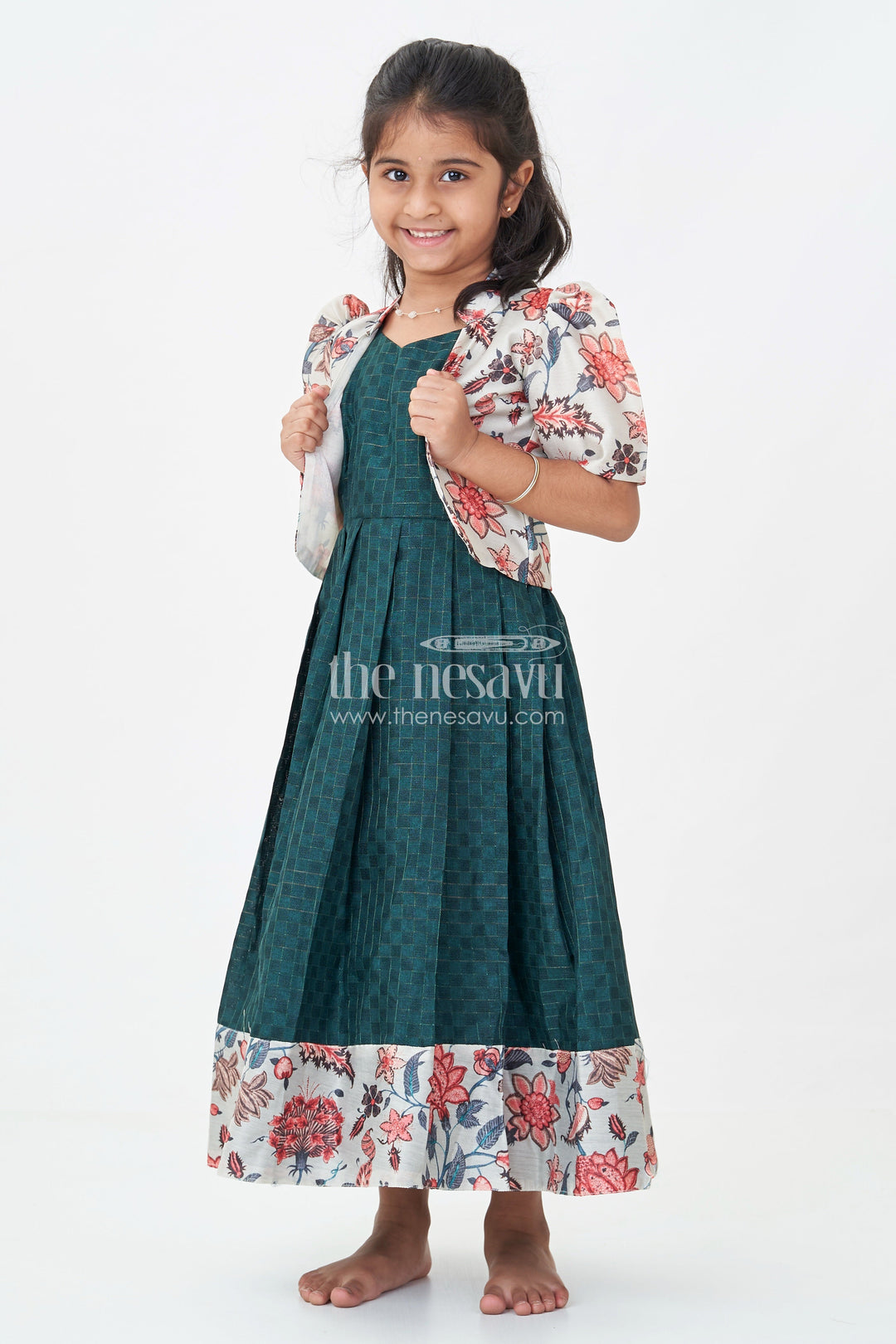 Girls Silk Cotton Anarkali Gown with Floral Border and Overcoat in green anarkali gown Style