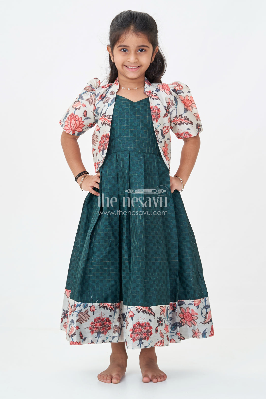 Girls Silk Cotton Anarkali Gown with Floral Border and Overcoat in green anarkali gown Style