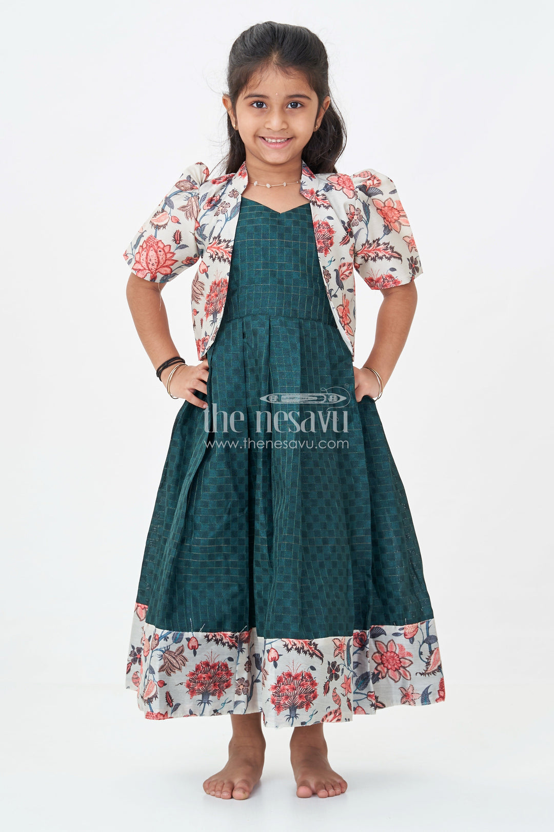 Girls Silk Cotton Anarkali Gown with Floral Border and Overcoat in green anarkali gown Style