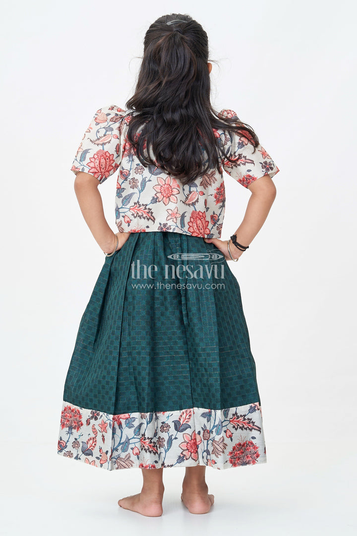 Girls Silk Cotton Anarkali Gown with Floral Border and Overcoat in green anarkali gown Style