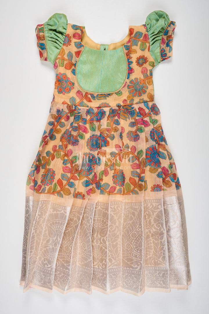 Yellow Gown Dress for Girls with Embroidered Floral Motifs and Raw Silk Yoke in Chanderi Cotton Blend