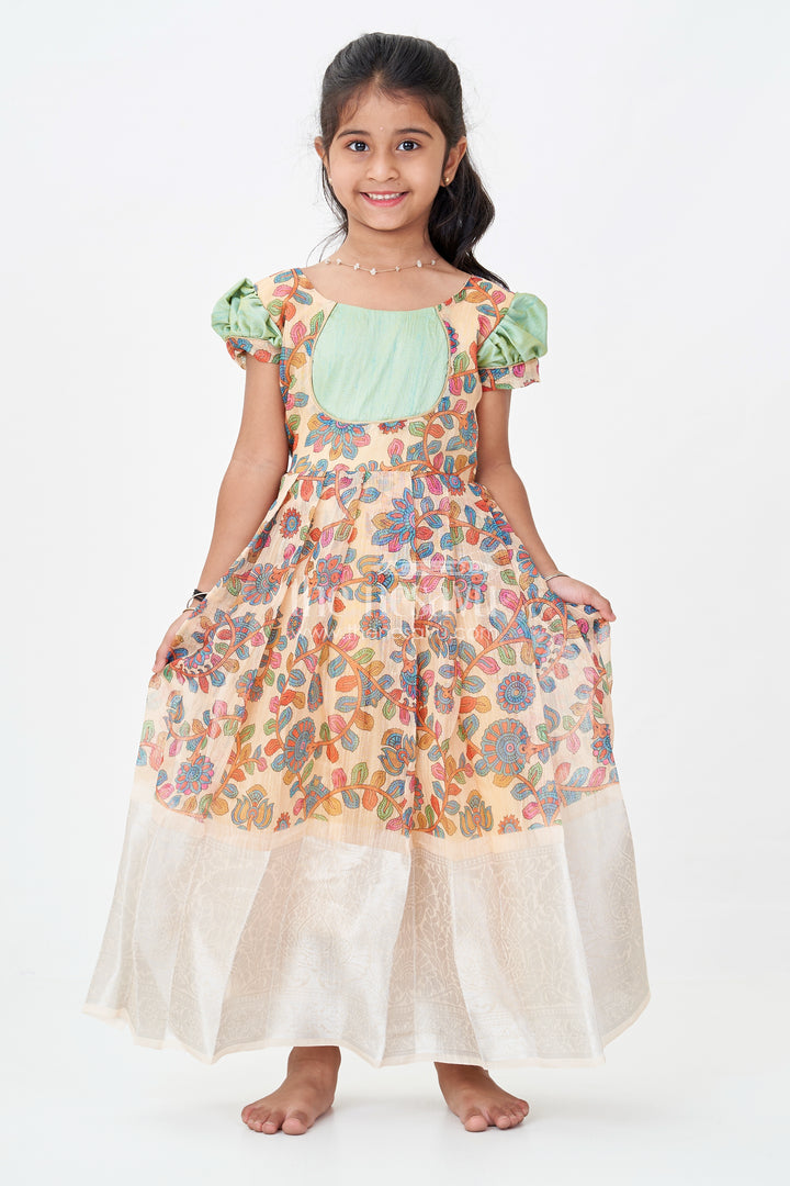 Yellow Gown Dress for Girls with Embroidered Floral Motifs and Raw Silk Yoke in Chanderi Cotton Blend