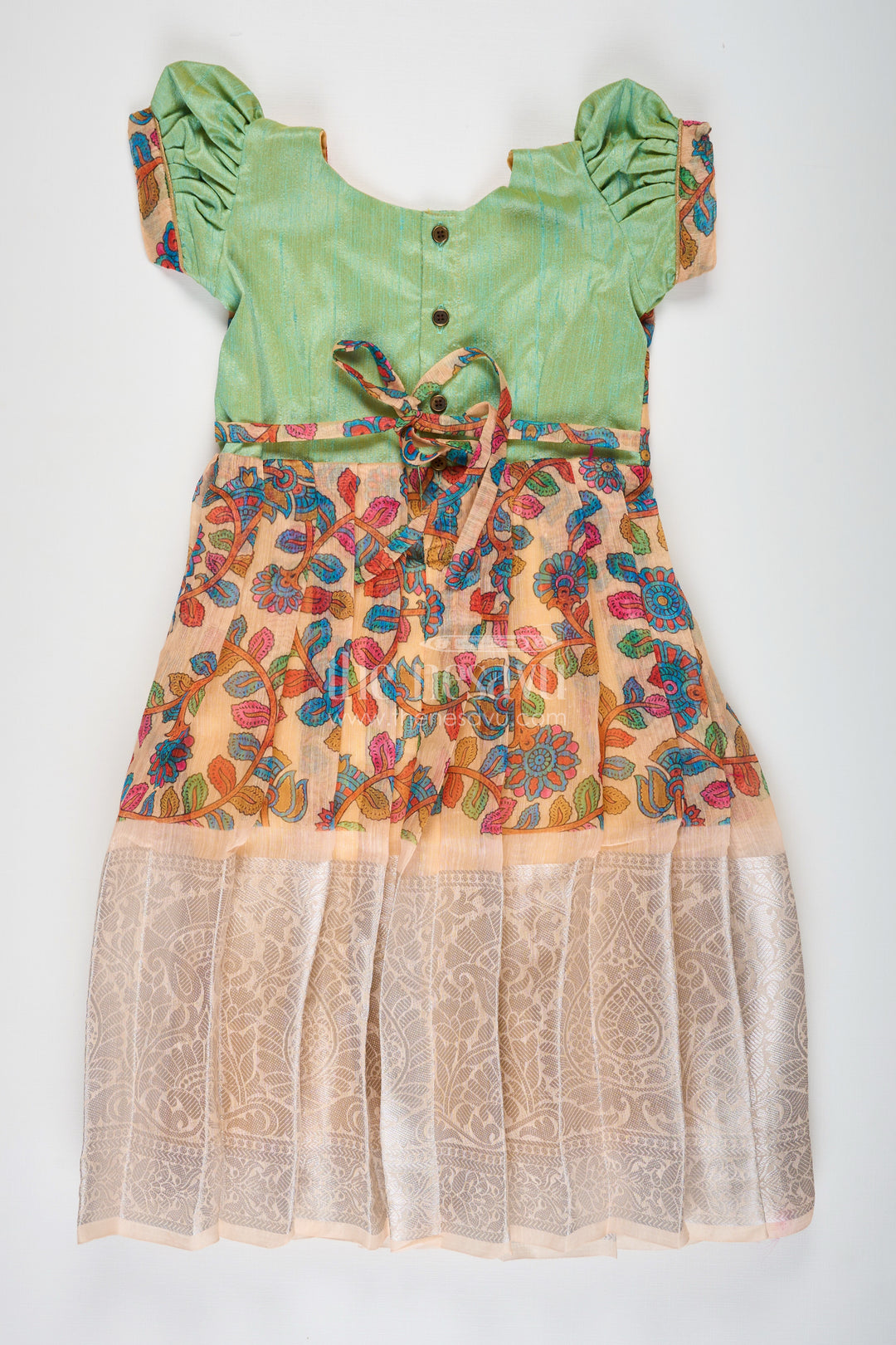 Yellow Gown Dress for Girls with Embroidered Floral Motifs and Raw Silk Yoke in Chanderi Cotton Blend