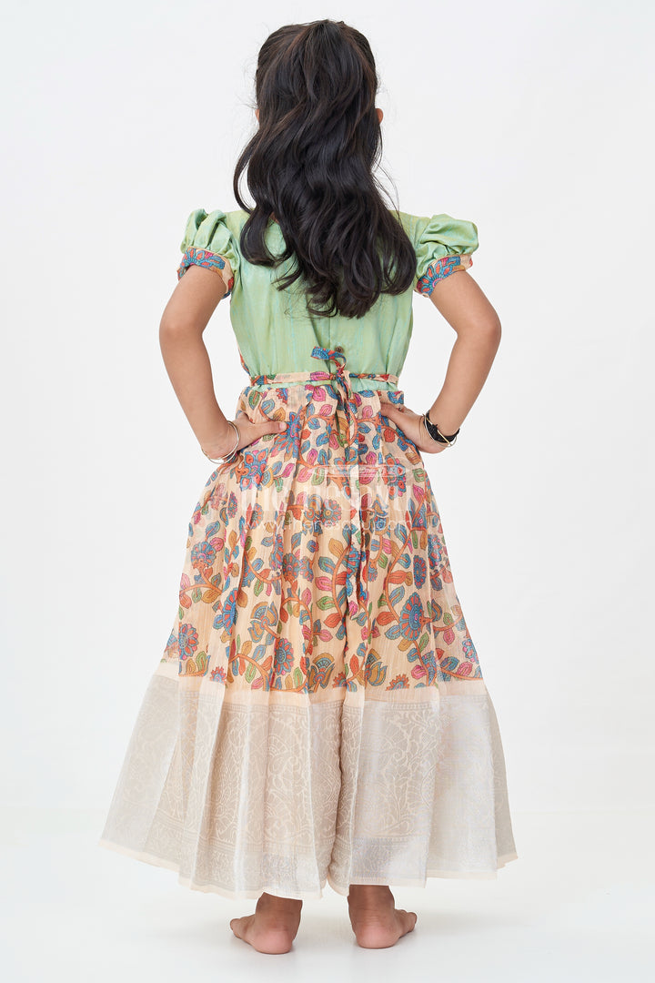 Yellow Gown Dress for Girls with Embroidered Floral Motifs and Raw Silk Yoke in Chanderi Cotton Blend