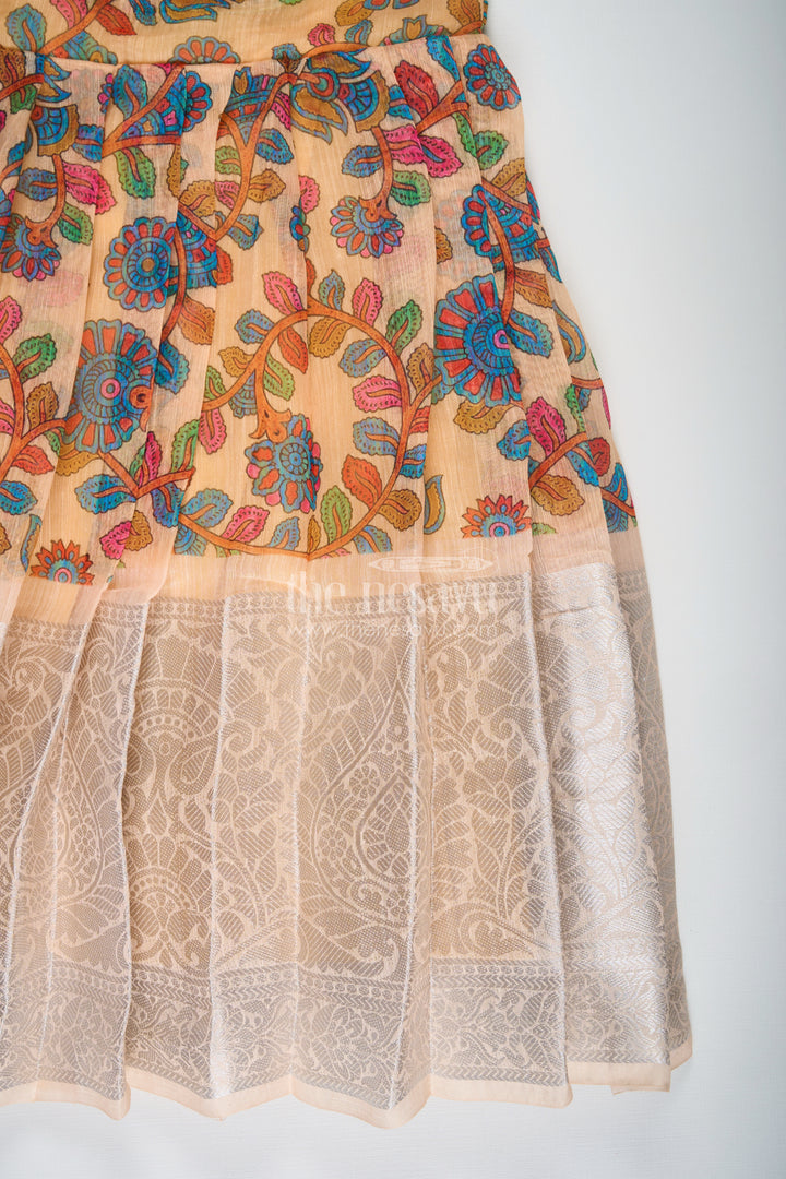 Yellow Gown Dress for Girls with Embroidered Floral Motifs and Raw Silk Yoke in Chanderi Cotton Blend