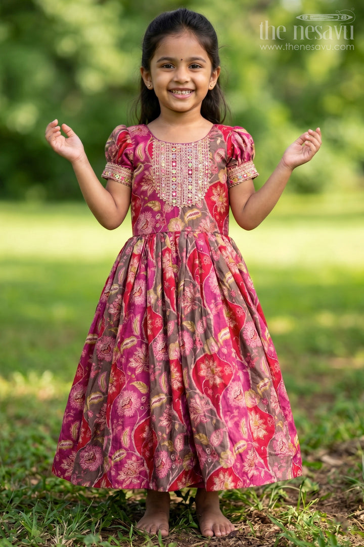 Girls Bride in Wedding Dress Style Chinon Silk Gown with Intricate Mirror Work and Rich Floral Pattern