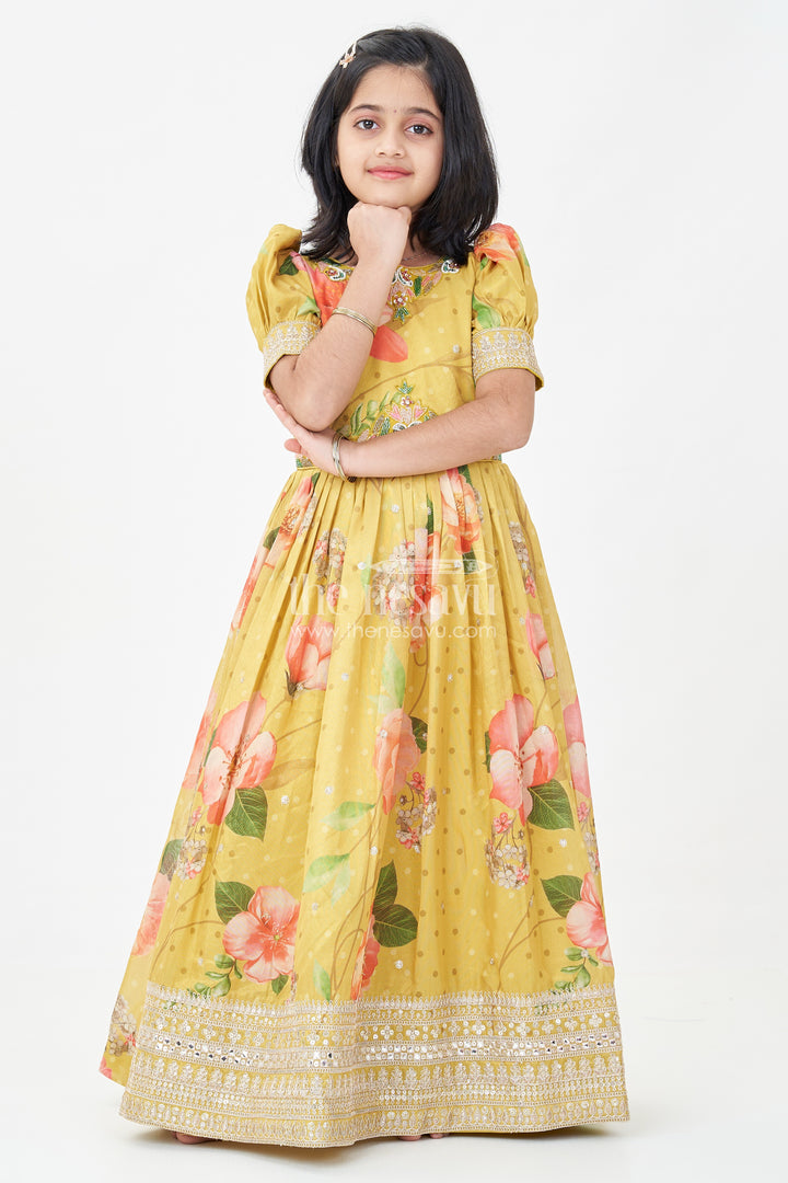 Girls Party Anarkali Dress in Yellow Blend Chinon Silk with Digital Floral Print and Sequin Embroidered Border