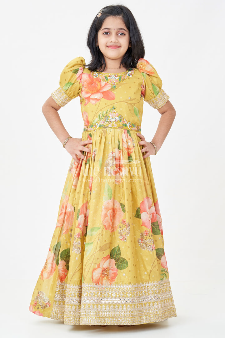 Girls Party Anarkali Dress in Yellow Blend Chinon Silk with Digital Floral Print and Sequin Embroidered Border