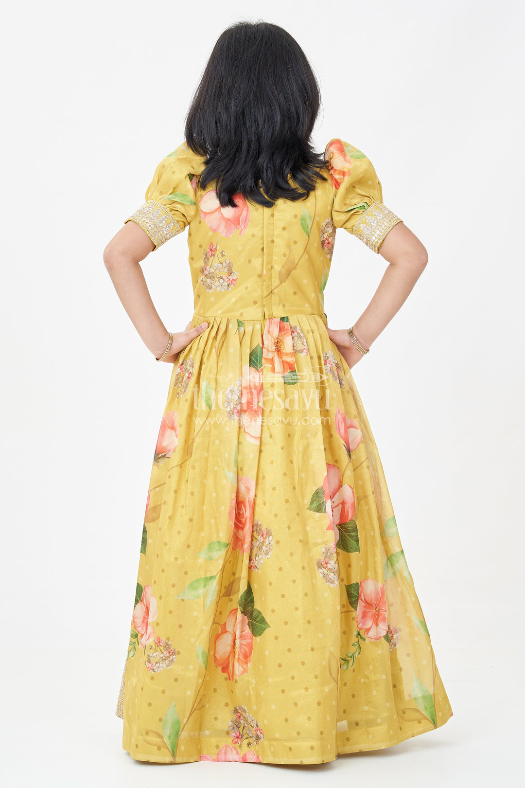 Girls Party Anarkali Dress in Yellow Blend Chinon Silk with Digital Floral Print and Sequin Embroidered Border