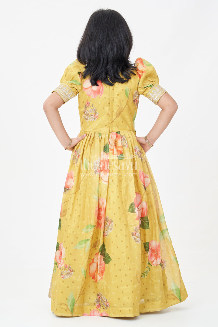 Girls Party Anarkali Dress in Yellow Blend Chinon Silk with Digital Floral Print and Sequin Embroidered Border
