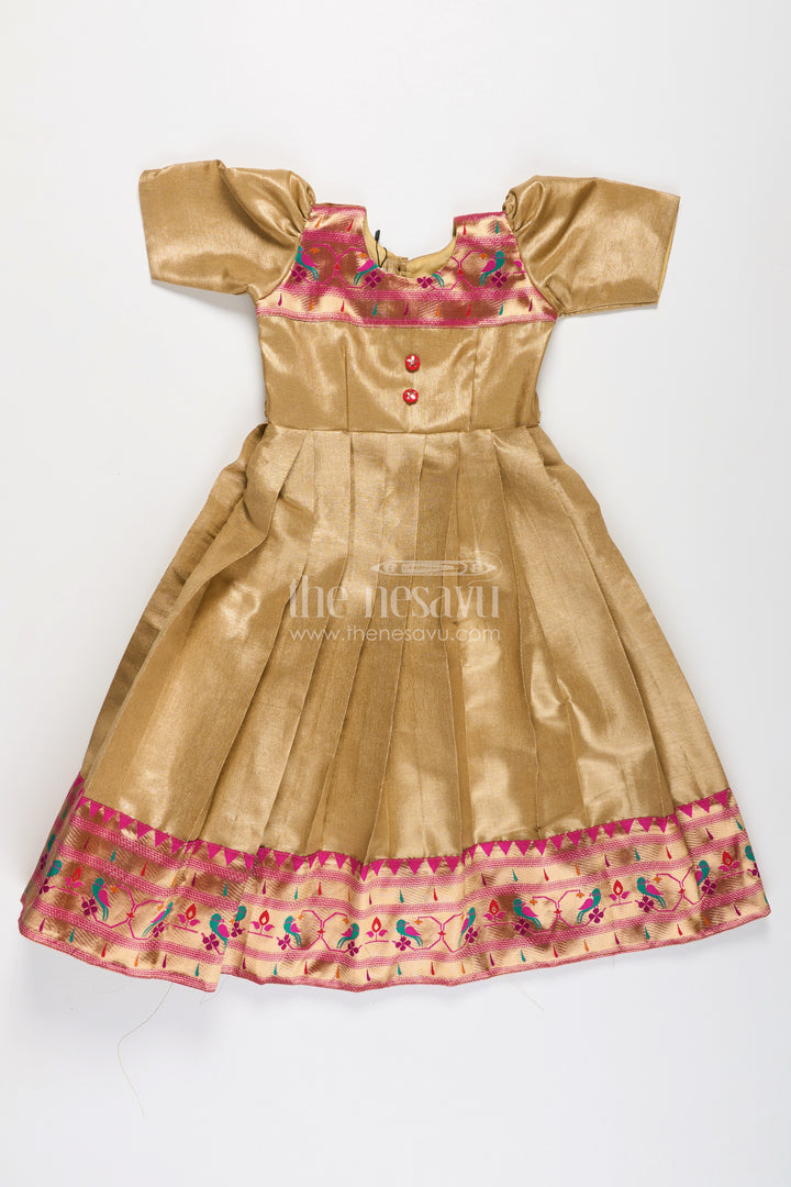 Yellow Silk Gown for Girls in Tissue Silk with Traditional Paithani Border and Short Sleeves