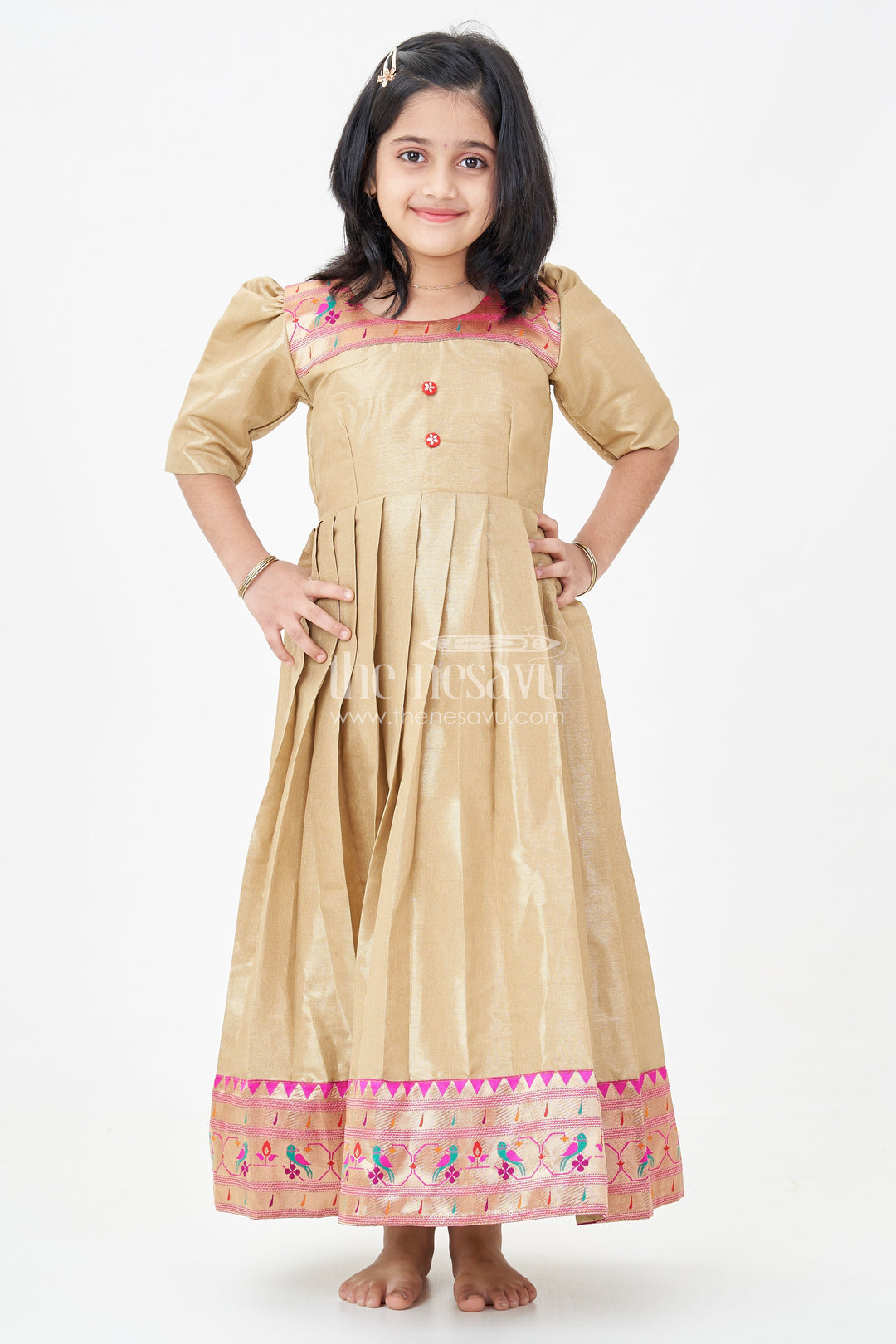Yellow Silk Gown for Girls in Tissue Silk with Traditional Paithani Border and Short Sleeves
