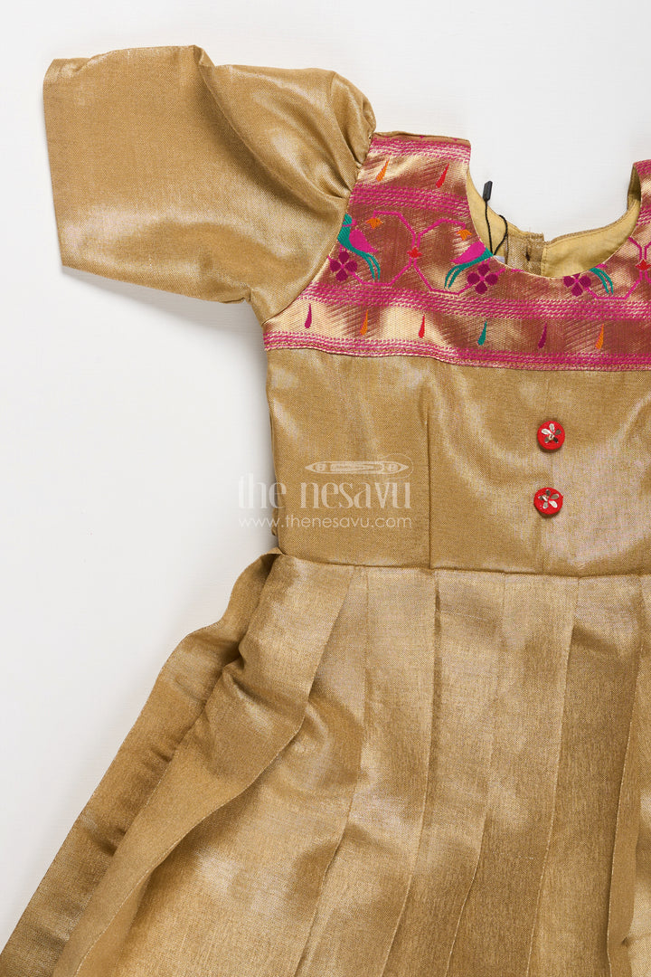 Yellow Silk Gown for Girls in Tissue Silk with Traditional Paithani Border and Short Sleeves