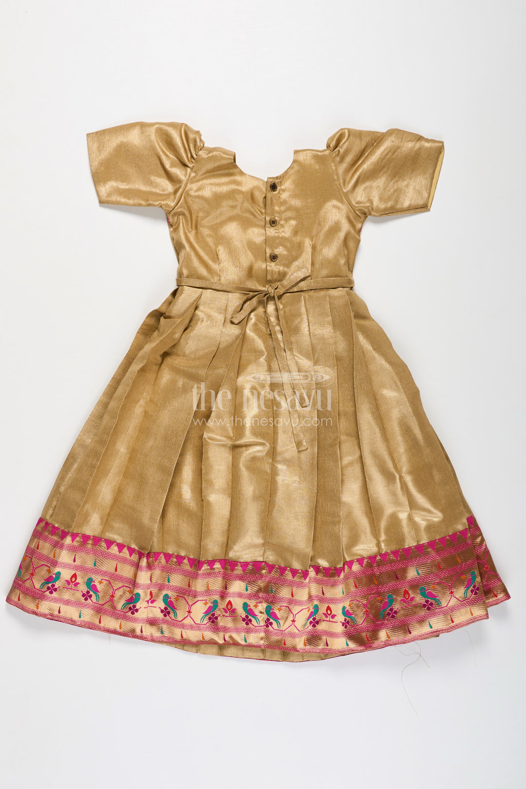 Yellow Silk Gown for Girls in Tissue Silk with Traditional Paithani Border and Short Sleeves