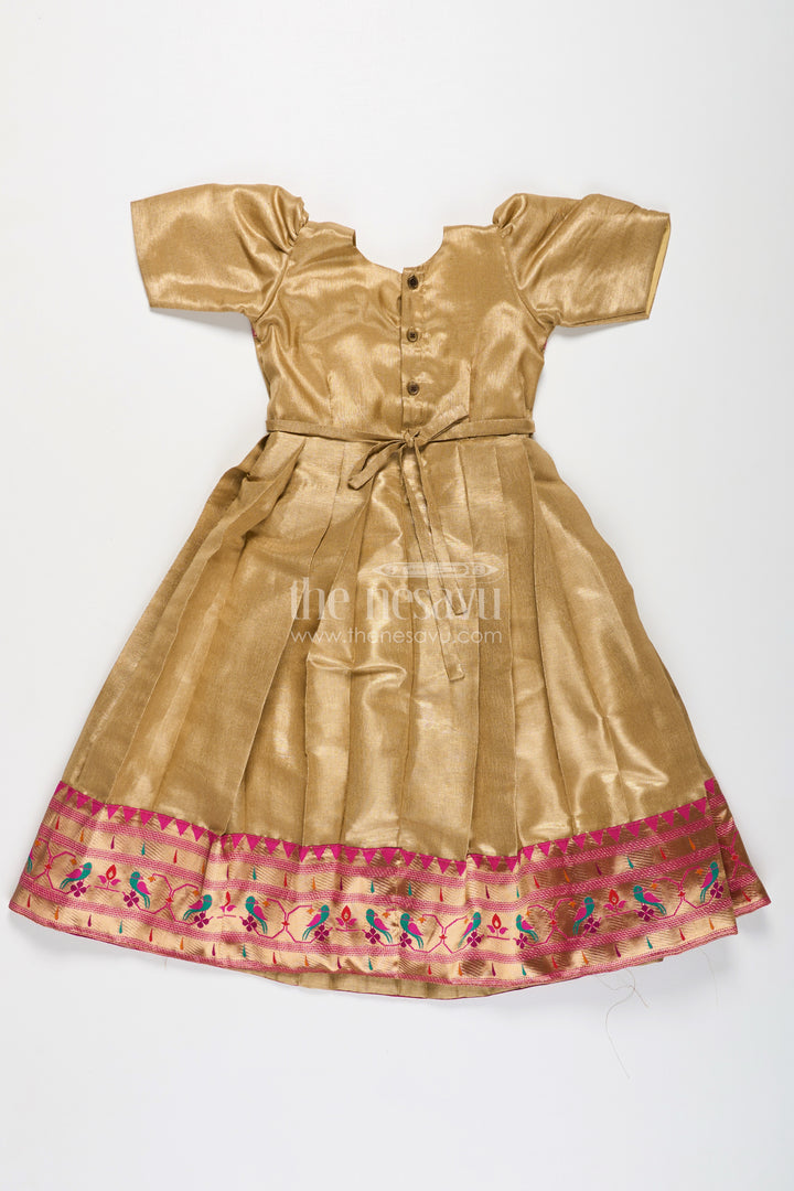 Yellow Silk Gown for Girls in Tissue Silk with Traditional Paithani Border and Short Sleeves