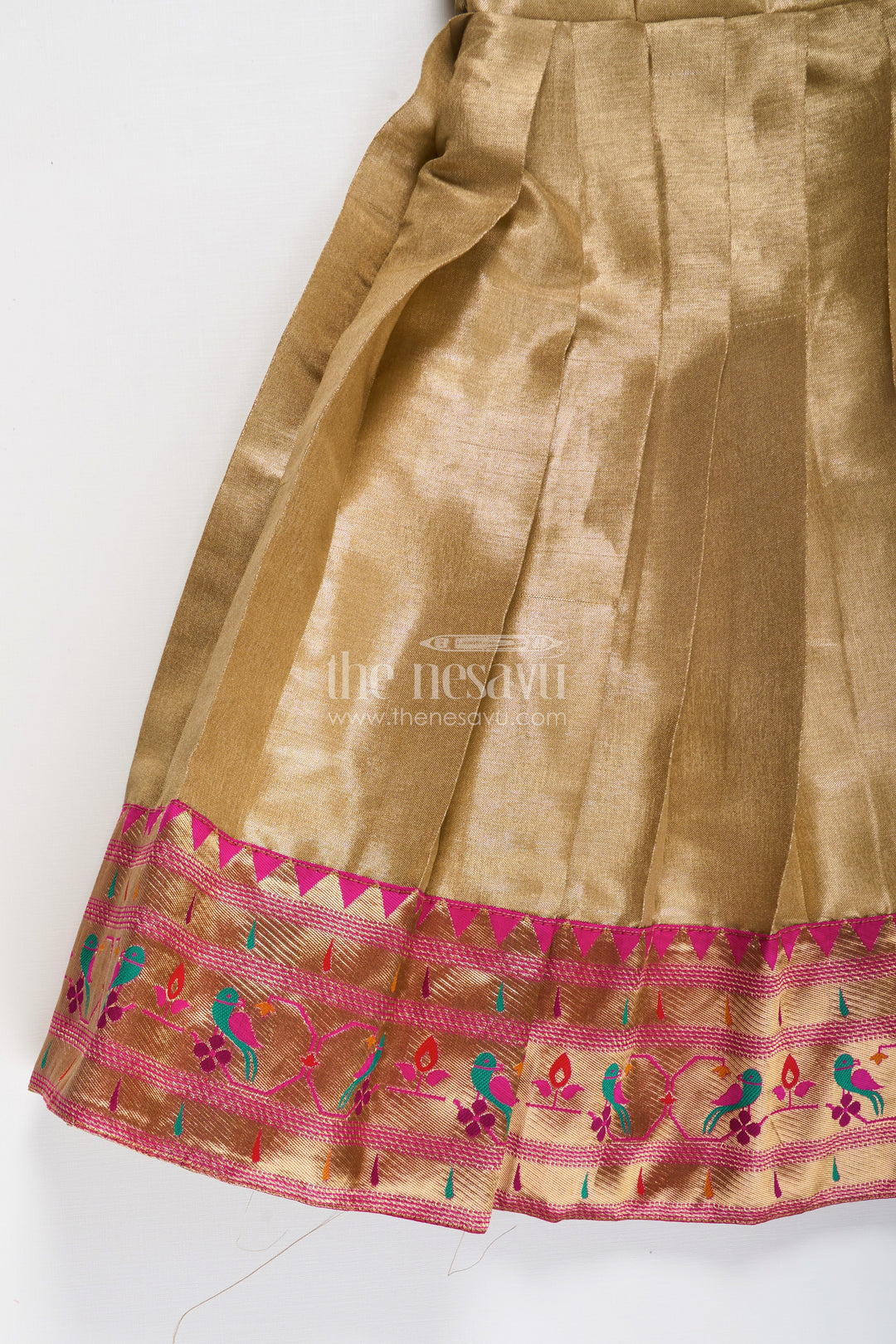 Yellow Silk Gown for Girls in Tissue Silk with Traditional Paithani Border and Short Sleeves