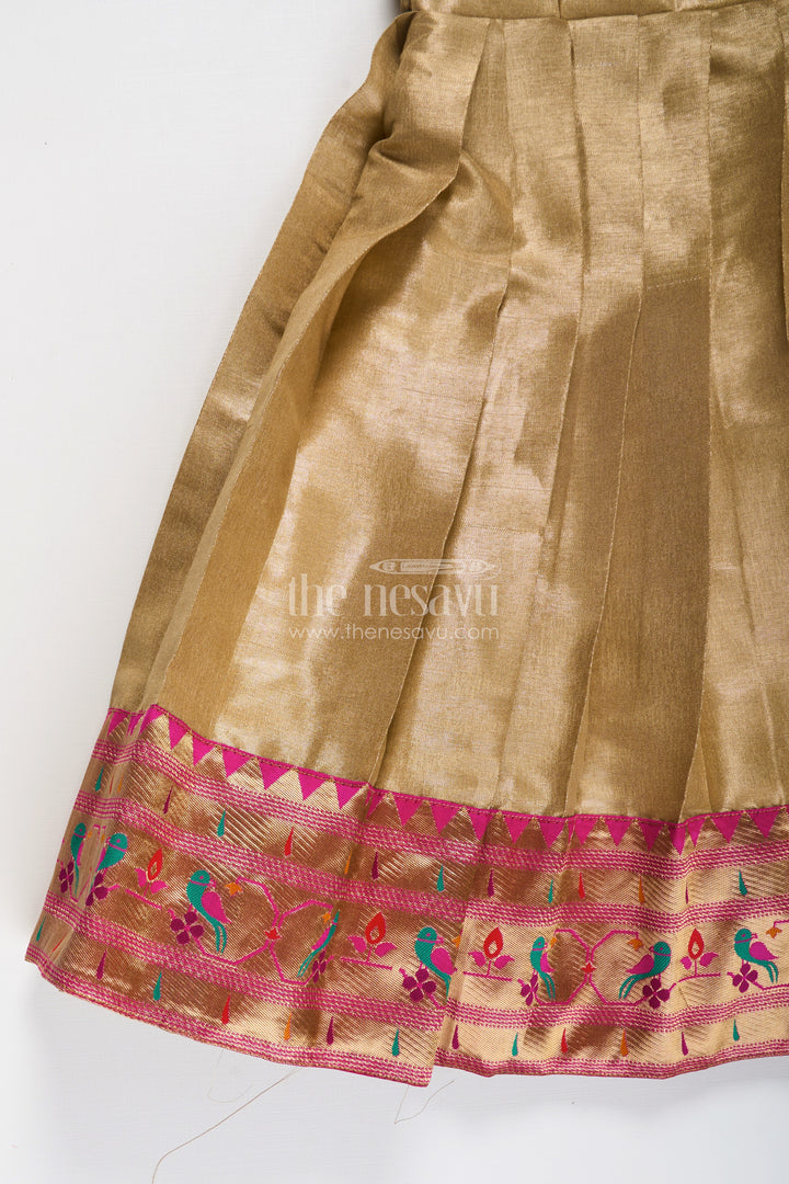 Yellow Silk Gown for Girls in Tissue Silk with Traditional Paithani Border and Short Sleeves