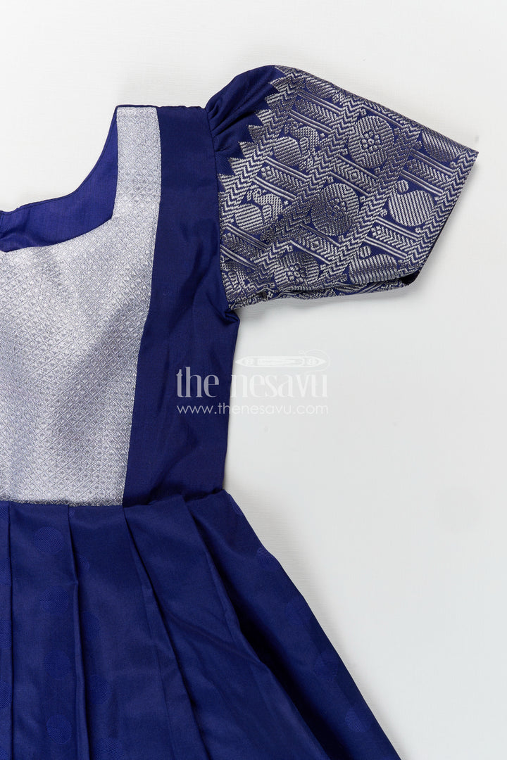 Girls Semi Silk Royal Blue Evening Gown with Silver Yoke and Embroidered Sleeves