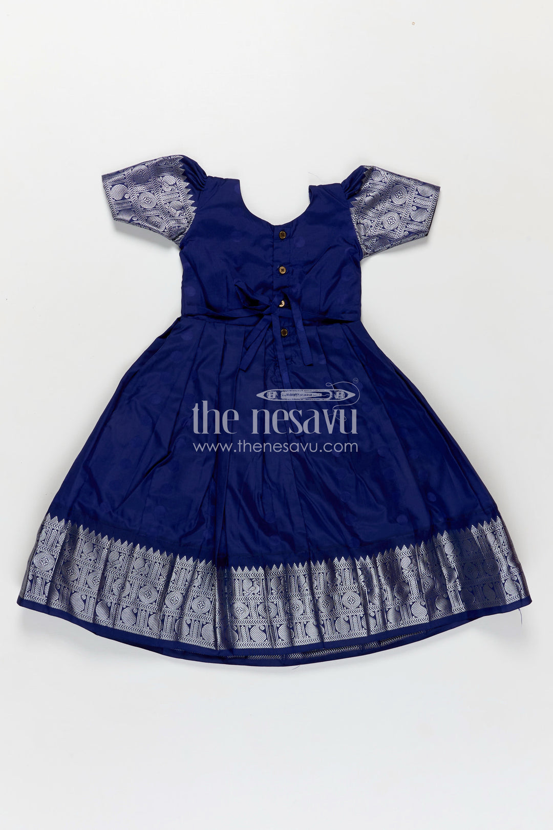 Girls Semi Silk Royal Blue Evening Gown with Silver Yoke and Embroidered Sleeves