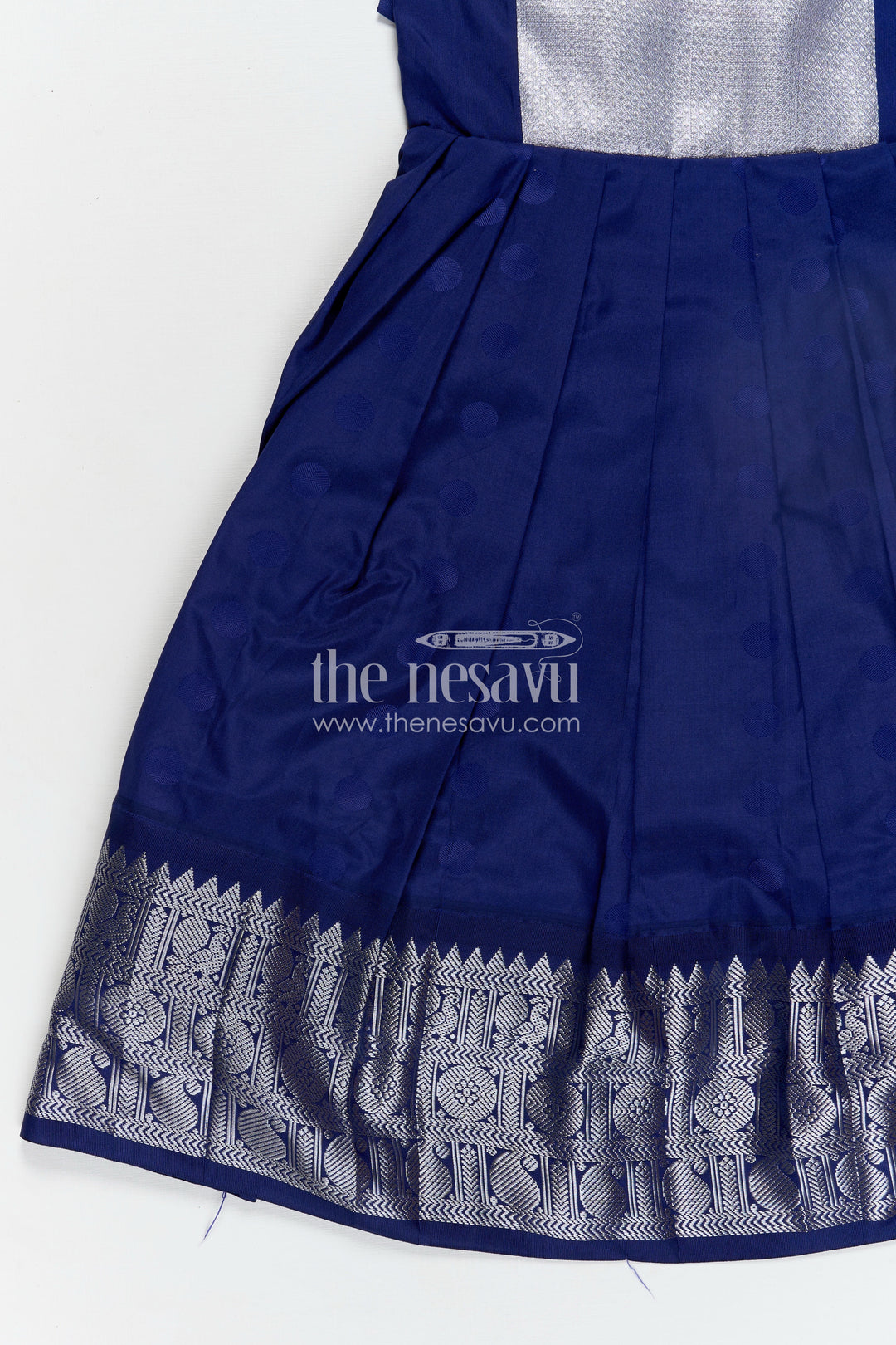 Girls Semi Silk Royal Blue Evening Gown with Silver Yoke and Embroidered Sleeves