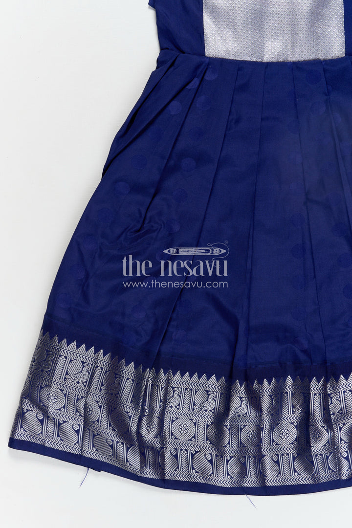 Girls Semi Silk Royal Blue Evening Gown with Silver Yoke and Embroidered Sleeves
