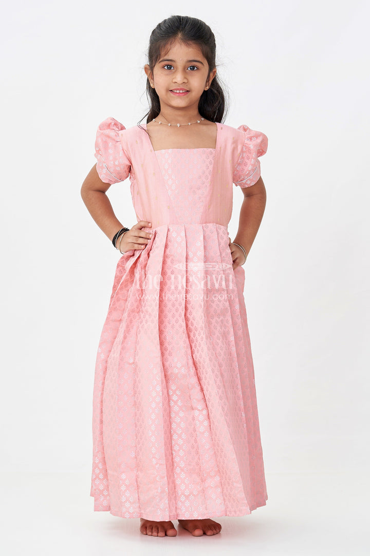 Girls Semi Banaras Silk Pink Party Wear Gown with Intricate Woven Motifs and Classic Puff Sleeves