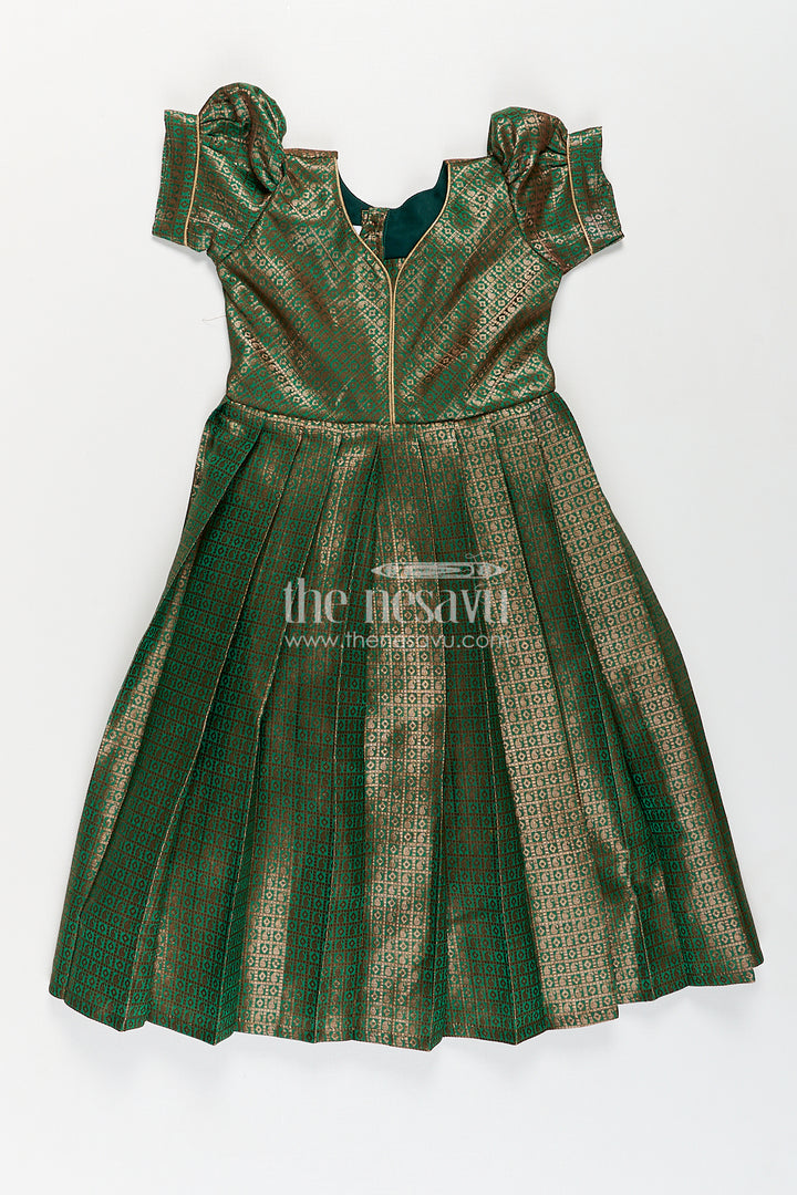 Girls Anarkali Gown Designs in Semi Banaras Silk with Rich Green Zari Weave and Flared Pleated Skirt