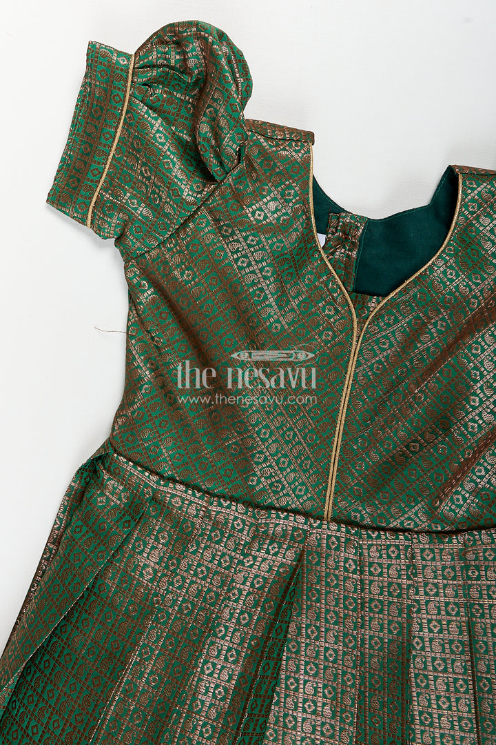 Girls Anarkali Gown Designs in Semi Banaras Silk with Rich Green Zari Weave and Flared Pleated Skirt