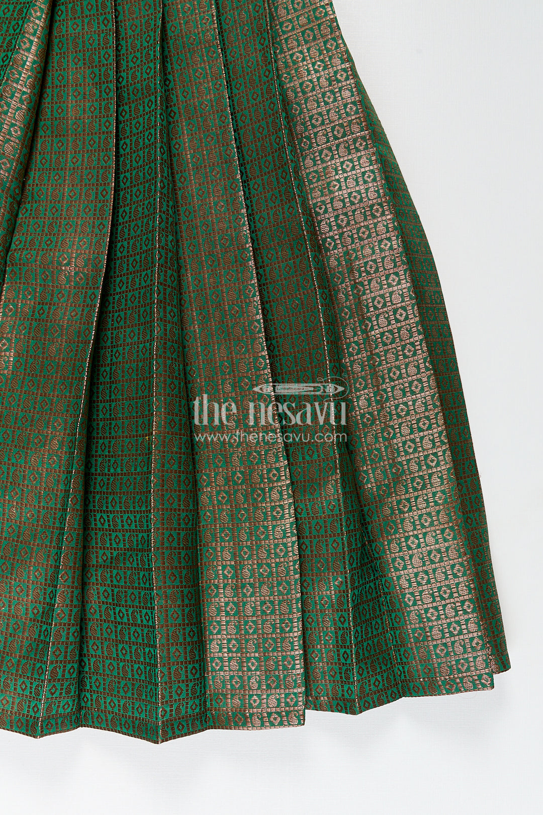 Girls Anarkali Gown Designs in Semi Banaras Silk with Rich Green Zari Weave and Flared Pleated Skirt
