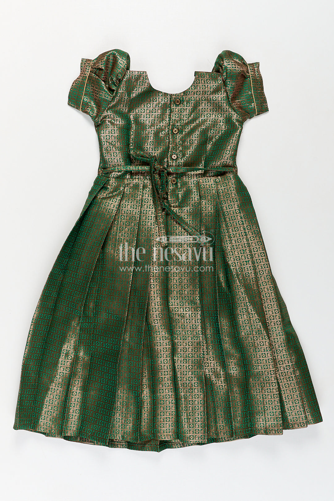 Girls Anarkali Gown Designs in Semi Banaras Silk with Rich Green Zari Weave and Flared Pleated Skirt