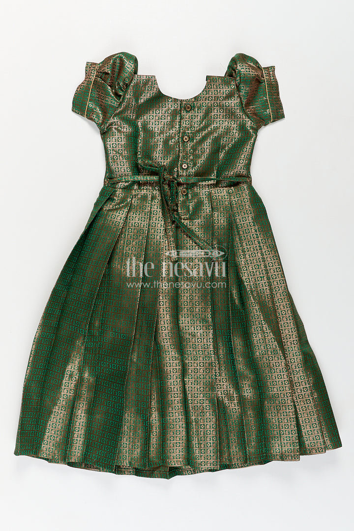 Girls Anarkali Gown Designs in Semi Banaras Silk with Rich Green Zari Weave and Flared Pleated Skirt