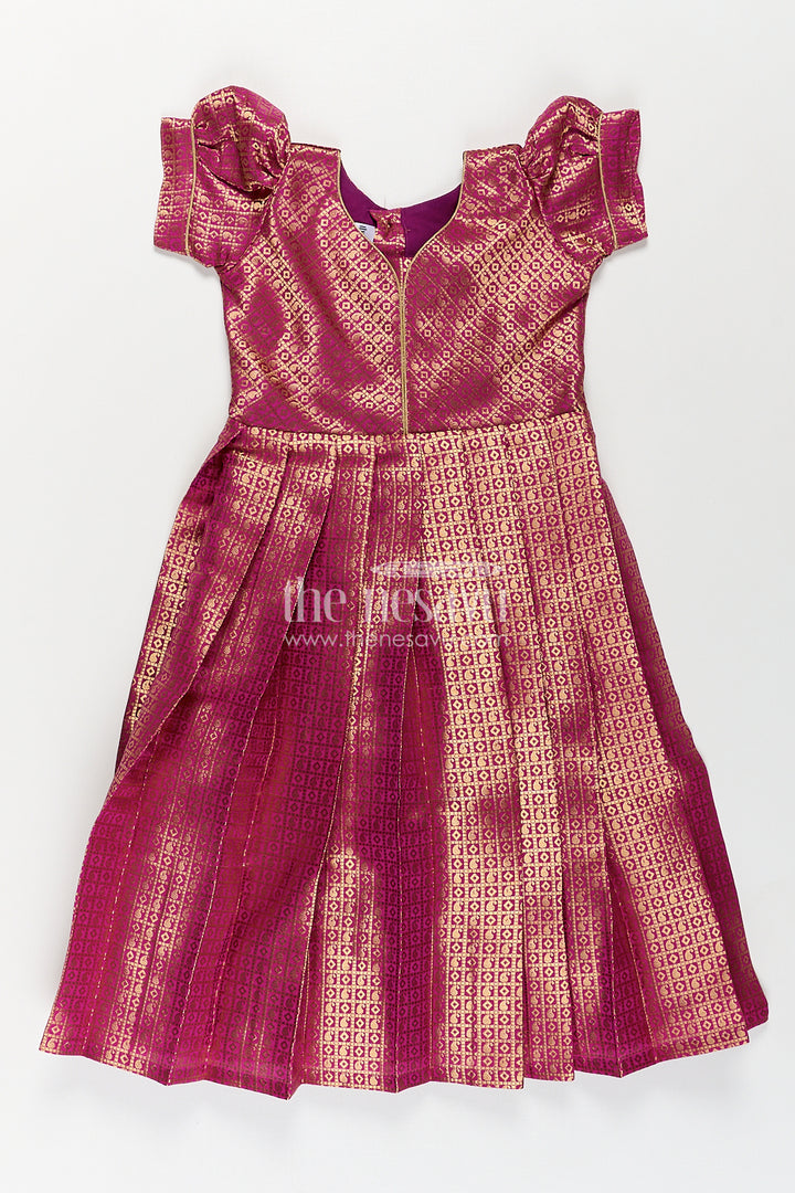 Girls Long Anarkali Dress in Semi Banaras Silk with Royal Maroon Zari Weave and Grand Pleated Skirt