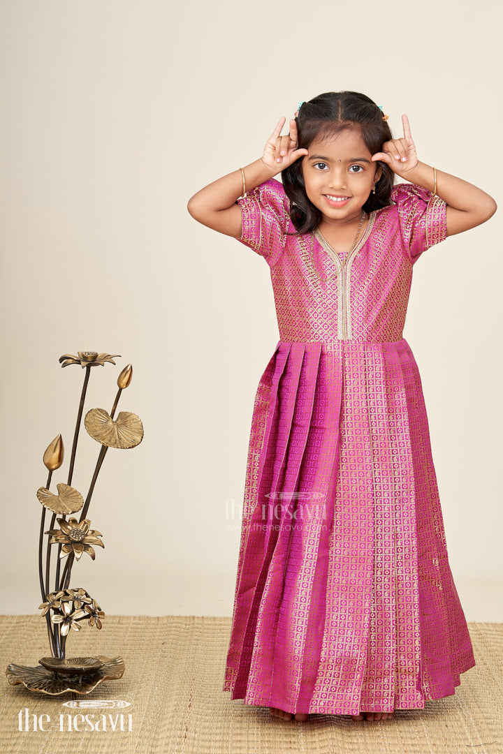 Girls Long Anarkali Dress in Semi Banaras Silk with Royal Maroon Zari Weave and Grand Pleated Skirt