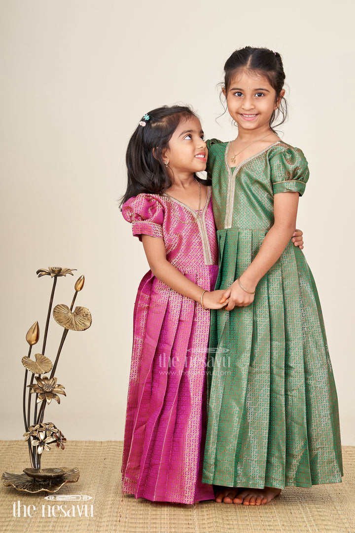 Girls Long Anarkali Dress in Semi Banaras Silk with Royal Maroon Zari Weave and Grand Pleated Skirt