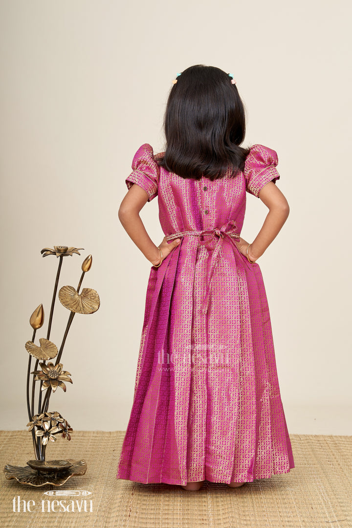 Girls Long Anarkali Dress in Semi Banaras Silk with Royal Maroon Zari Weave and Grand Pleated Skirt