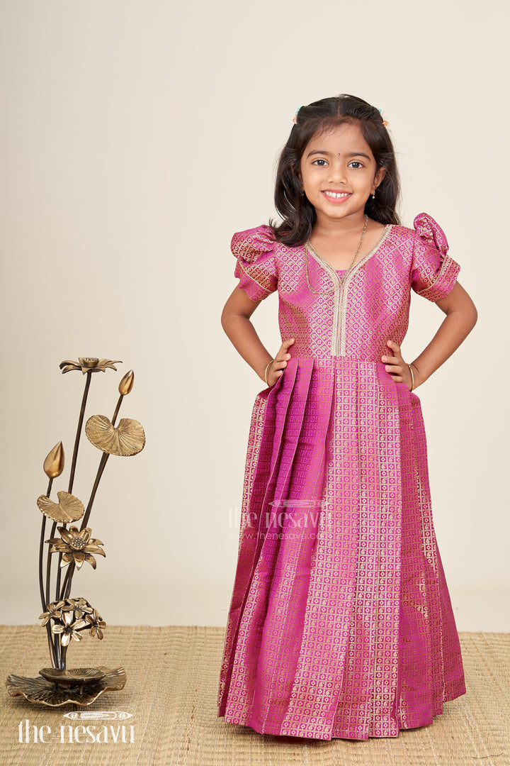 Girls Long Anarkali Dress in Semi Banaras Silk with Royal Maroon Zari Weave and Grand Pleated Skirt