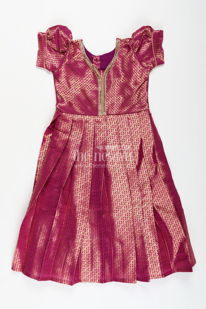 Girls Long Anarkali Dress in Semi Banaras Silk with Royal Maroon Zari Weave and Grand Pleated Skirt