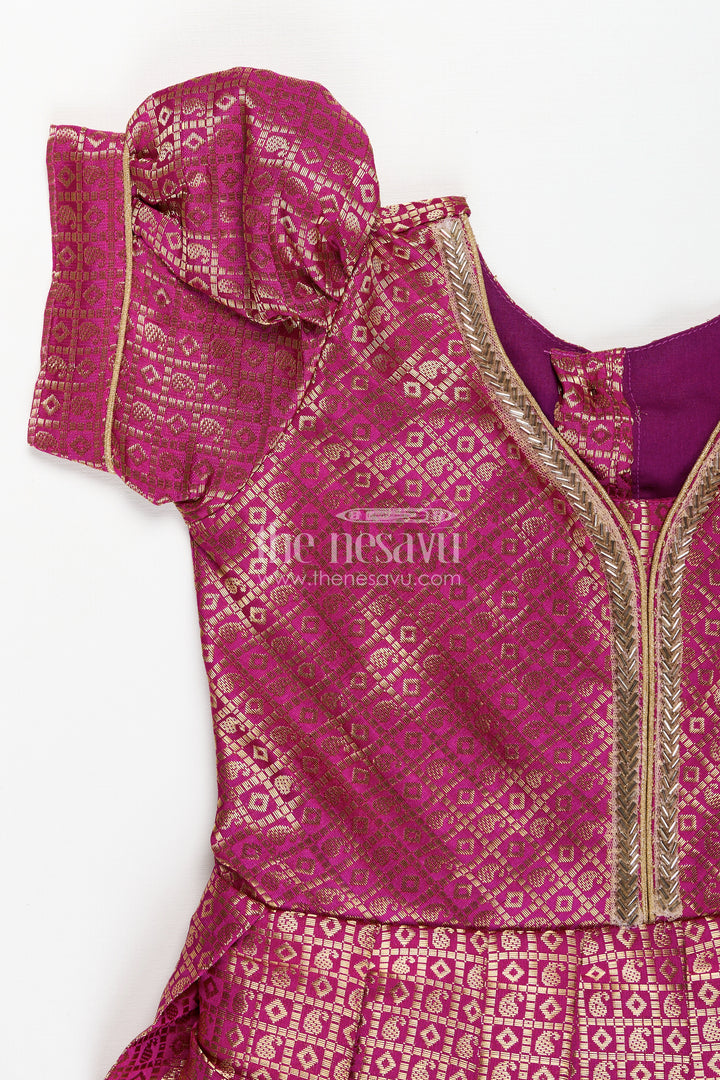 Girls Long Anarkali Dress in Semi Banaras Silk with Royal Maroon Zari Weave and Grand Pleated Skirt