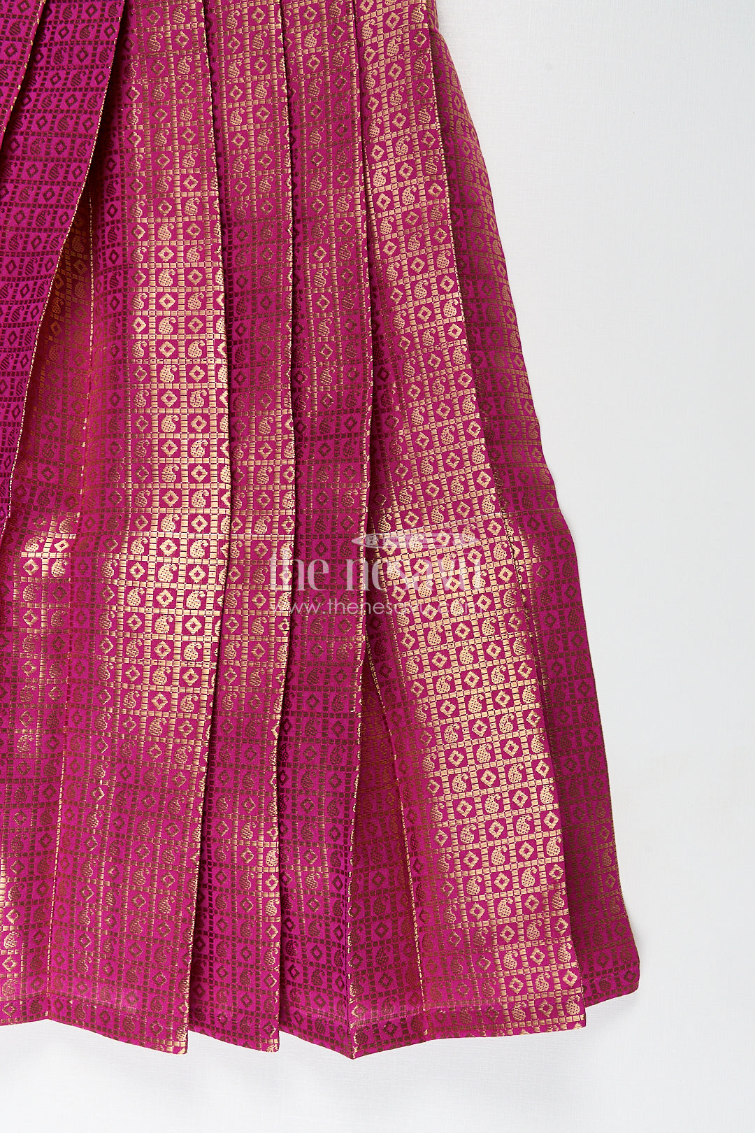 Girls Long Anarkali Dress in Semi Banaras Silk with Royal Maroon Zari Weave and Grand Pleated Skirt