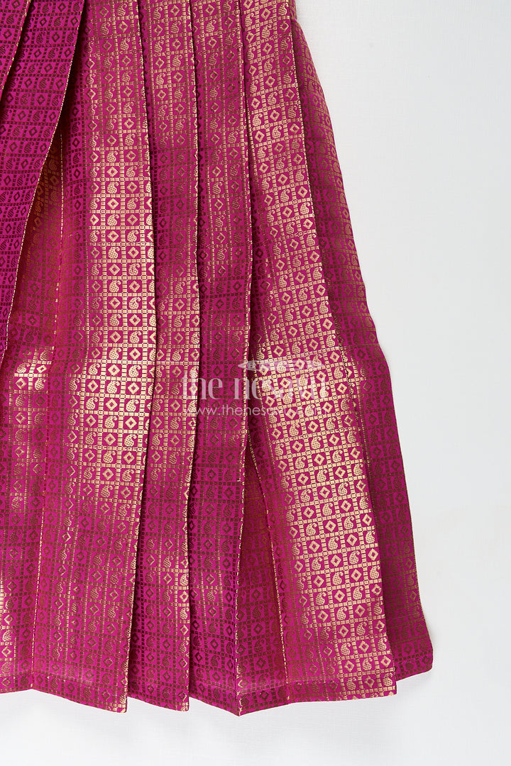 Girls Long Anarkali Dress in Semi Banaras Silk with Royal Maroon Zari Weave and Grand Pleated Skirt