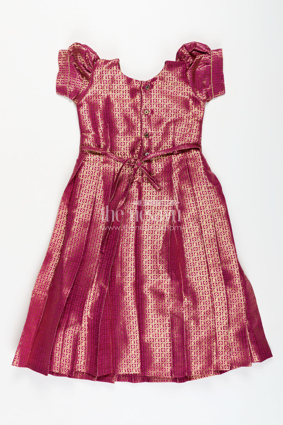 Girls Long Anarkali Dress in Semi Banaras Silk with Royal Maroon Zari Weave and Grand Pleated Skirt