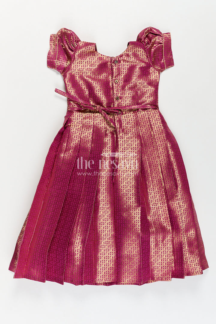 Girls Long Anarkali Dress in Semi Banaras Silk with Royal Maroon Zari Weave and Grand Pleated Skirt