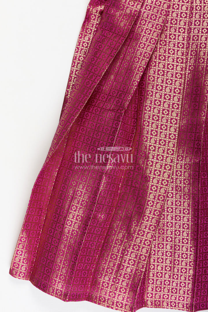 Girls Long Anarkali Dress in Semi Banaras Silk with Royal Maroon Zari Weave and Grand Pleated Skirt