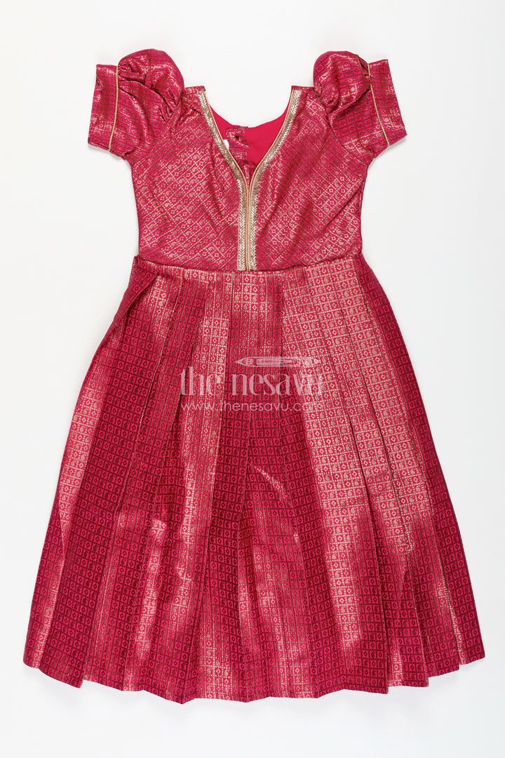 Girls Anarkali Dress for Wedding in Semi Banaras Silk with Rich Maroon Zari Brocade and Grand Pleated Flare