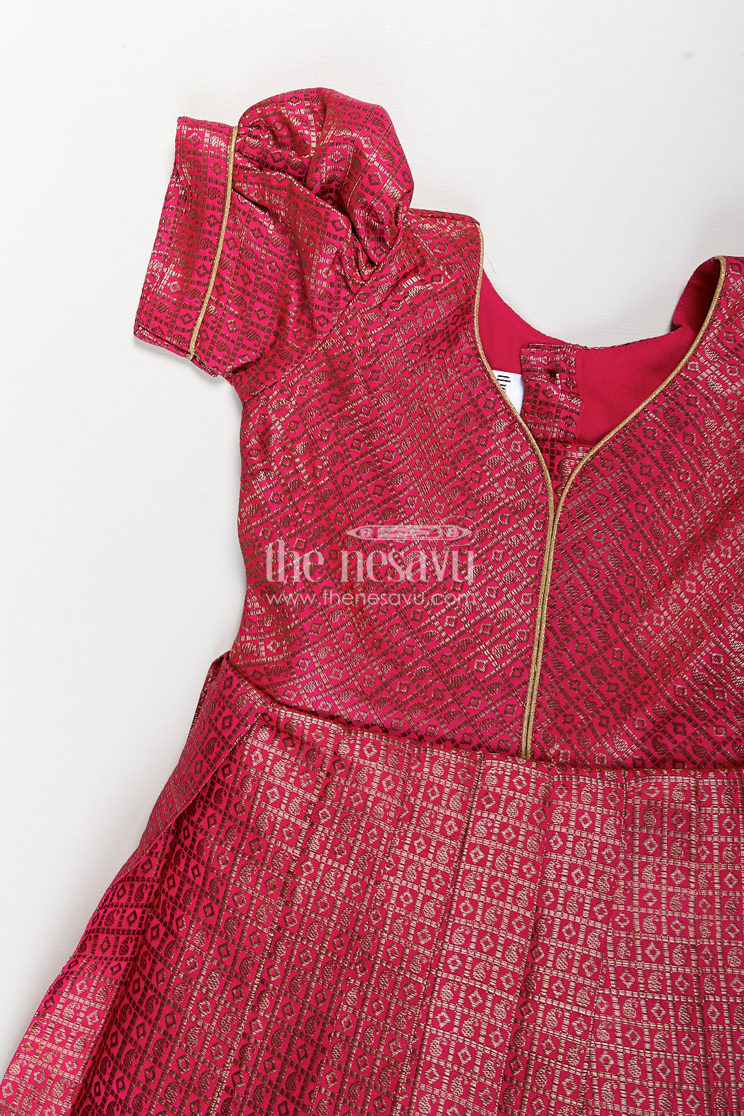 Girls Anarkali Dress for Wedding in Semi Banaras Silk with Rich Maroon Zari Brocade and Grand Pleated Flare